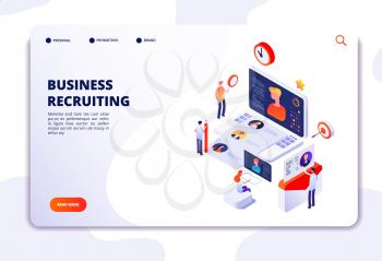 Recruitment agency landing pad. Human resources online recruitment and hiring 3d isometric vector concept. Illustration of recruitment job, candidate recruiting