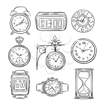 Sketch clock. Doodle watch, alarm and timer, sand clock hourglass. Hand drawn time vector vintage isolated icons. Illustration of clock and timer, alarm and hourglass