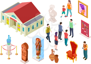Isometric museum. Art gallery exhibition visitors sculpture and artworks. People in museums. 3d vector set. Illustration of gallery and isometric museum exhibition
