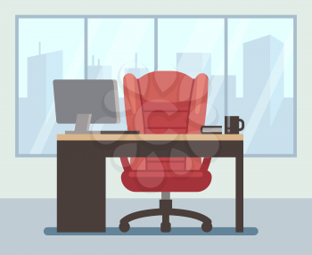 Modern boss room with big window and laptop on desk. Empty contemporary office interior. Business vector cartoon background. Business room with computer, workplace office interior illustration