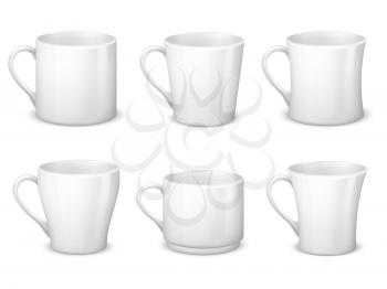 Realistic blank white coffee mugs with handle and porcelain cups vector template isolated. Cup porcelain for tea and coffee breakfast, realistic teacup illustration