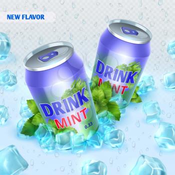 Fresh ice drink vector background with ice cubes. Drink mint in ice crystal cube illustration