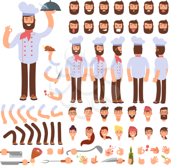 Cartoon chef animated vector creation character. Professional male cook with various body parts, face emotion and kitchen tools. Chef person animation standing illustration