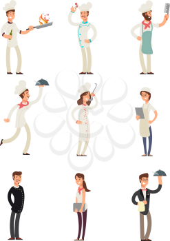 Professional chefs and restaurant staff. Happy cooks and waitress vector cartoon characters set. Illustration of waiter and chef character