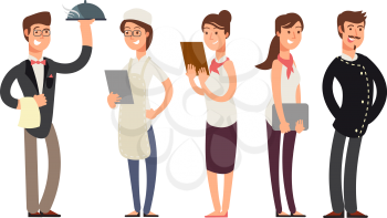 Chefs, sommelier and waitress cartoon characters. Restaurant kitchen team vector concept. Chef and waiter in restaurant illustration