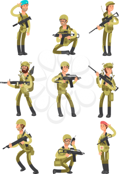 Cartoon soldiers in various actions. Military men with weapons. People in army vector set. Military soldier action, cartoon man with weapon illustration
