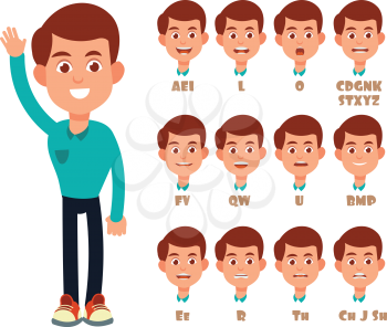 Talking lips sync animation. Cartoon vector speaking mouth and boy portrait isolated. Character animation talk mouth, boy expression speech illustration