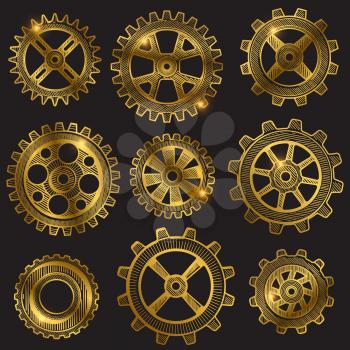 Golden retro sketch mechanical gears set on black background. Vector illustration