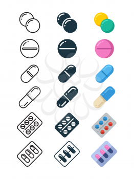 Line and silhouette icons of illegal drug tablets, alcohol addiction, methamphetamine abuse. Vector illustration