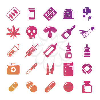 Bright medicine silhouette icons set - drugs pills accessories. Vector illustration