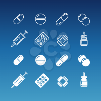 Medication linear and silhouette icons - pills drugs bottles. Vector illustration