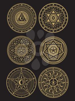 Golden occult, mystic, spiritual, esoteric vector symbols on black background. Vector illustration