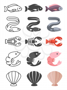Set of ocean and sea life icons - fish shrimp shell lobster. Vector illustration