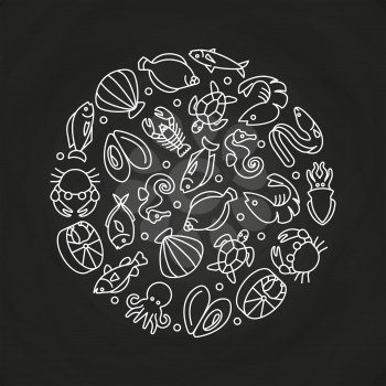 White sealife linear icons round concept on chalkboard. Vector illustration