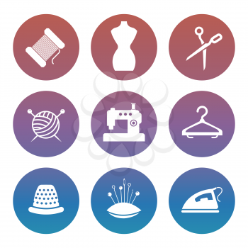 Sewing or tailor shop silhouette icons set in round. Vector illustration