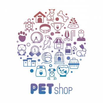 Bright pet store or shop round banner isolated on white background. Vector illustration