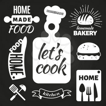 Homemade bakery and home cooking badges on chalkboard. Vector illustration