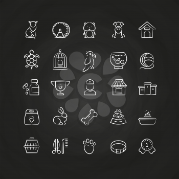White pet shop, animals hand drawn line vector icons, outline vet symbols on chalkboard. Vector illustration