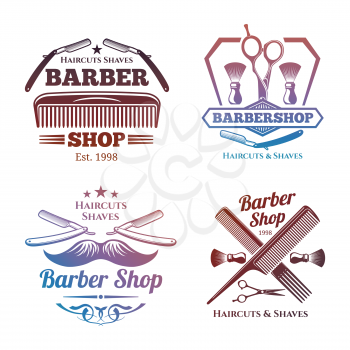 Bright barber shop emblems - men haircute salon labels design. Barbershop emblem, haircut label vintage, vector illustration