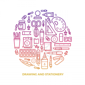 Bright stationery and drawing line icons round concept. Vector illustration