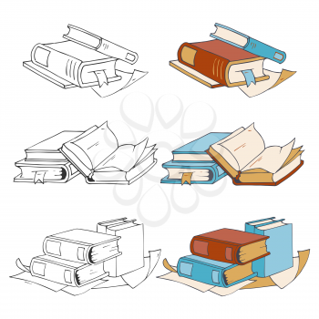 Doodle, hand drawn sketch books icons and coloring elements with samples. Literature book for school, sketch drawing encyclopedia. Vector illustration