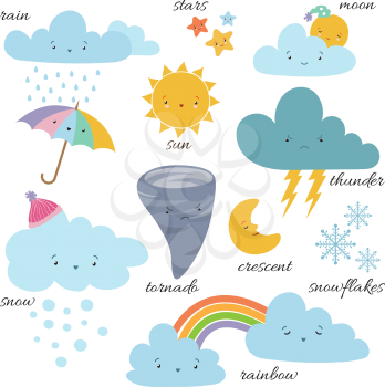 Cute cartoon weather icons. Forecast meteorology vector vocabulary symbols. Sun and cloud, rain and snowflake illustration