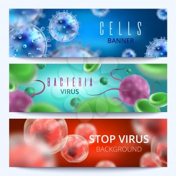 Microbiology and medical vector web banners with 3d bacteria and viruses. Virus and bacteria microbe medical illustration