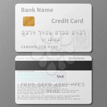 Realistic white bank credit card with chip vector template isolated. Bank card with chip, credit plastic banking card illustration