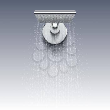 Shower head with water drops realistic vector illustration. Shower water splashing in bathroom