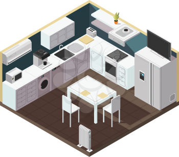 Isometric 3d kitchen interior with household appliance, equipment and furniture vector illustration. Kitchen and stove, household isometric equipment for cooking