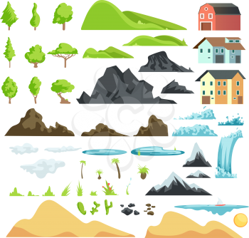Cartoon landscape vector elements with mountains, hills, tropical trees and buildings. Hill and mountain nature illustration