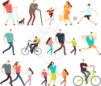 Men and women walking outdoor. Vector cartoon active characters in various lifestyles in street. Woman and man walk with family illustration