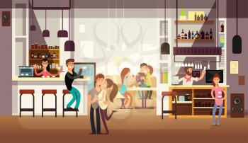 People eating lunch in cafe bar interior. Flat vector illustration. Cafe interior and restaurant with bar