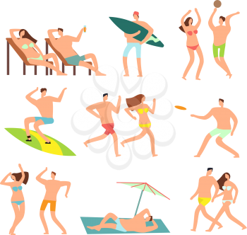 Young and happy family on sunny beach. Vector people character on summer vacation. People man and woman on sunny beach illustration