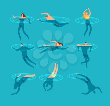 Swimming and diving people in swimming pool cartoon vector illustration. Swim sport and dive in sea, people diving and swimming