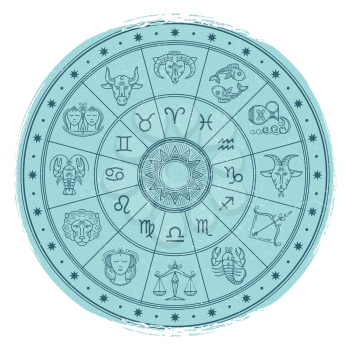 Grunge horoscope signs in astrology circle - vintage astrology emblem design. Vector illustration