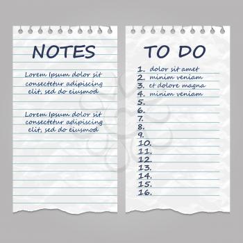 Ripped vintage paper pages for notes and to do list. Remember message notepad with handwriting text. Vector illustration