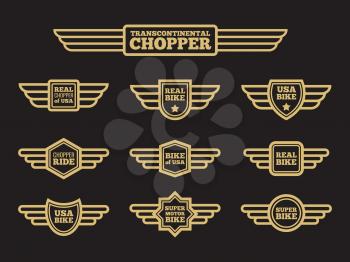 Sport motorbike vintage wing labels. Bikers ride retro winged logos vector set illustration