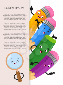 Banner template with cartoon stationery elements. Colored pencils various vector illustration