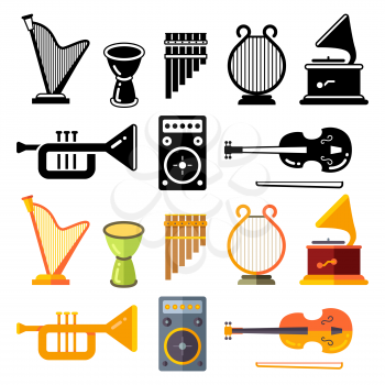 Colorful and black silhouettes of popular classic music instruments. Vector illustration