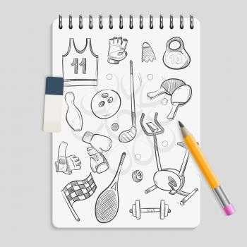 Doodle sport elements on realistic notebook. Sketch notebook doodle pencil, sport ball and equipment illustration