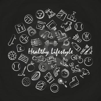 Healthy lifestyle round concept on blackboard with linear icons. Vector illustration