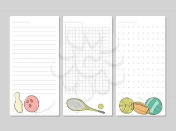 Lined pages for notes, memo or to do lists with doodle sport equipment. Vector illustration