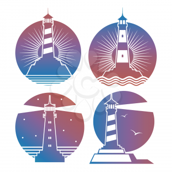 Modern bright lighthouses emblems or logos of collection. Vector illustration