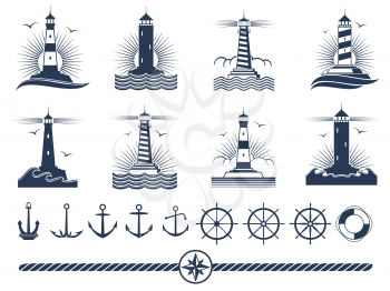 Nautical logos and elements set - anchors lighthouses rope. Vector illustration