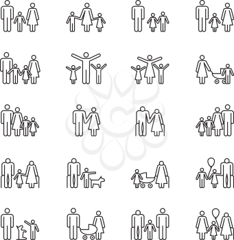 Adult people, parents and kids line icons. Family outline vector pictograms. Illustration of family kids, father and mother