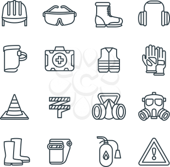 Safety work equipment and protective clothing line vector icons. Safety equipment and protection respirator illustration