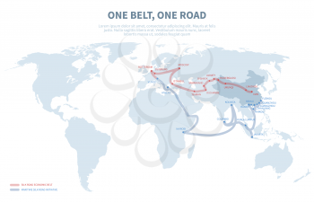 Asia and Europe international transit way. Chinese transport new silk road. Export and import path globe map vector illustration. Map road transit pathway asia and europe