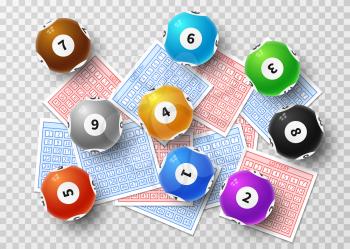 Lottery balls and bingo lucky tickets isolated on transparent background. Sports gambling vector concept. Lucky game bingo and ticket, lottery lotto sphere number ball illustration