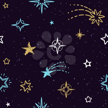 Sky vector seamless pattern with doodle stars. Starry background for homemade christmas gift packing. Star seamless pattern doodle, starry background illustration